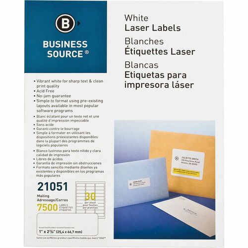 Mailing Labels, Laser/Inkjet, 1" x 2-5/8", White 7500/PK