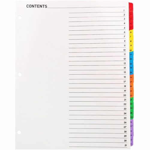 Index Dividers With Table of Contents Page, 1-31, 8-1/2" x 11", 31 Tabs, Sheet Mounted
