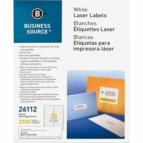 Mailing Labels, Laser/Inkjet, 1" x 4", White 2000/PK