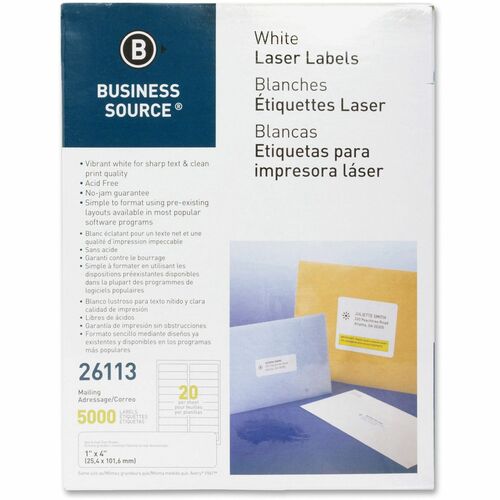 Mailing Labels, Laser/Inkjet, 1" x 4", White 5000/PK