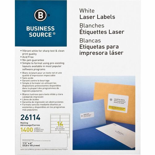Mailing Labels, Laser/Inkjet, 1-1/3"x4", White 1400/PK
