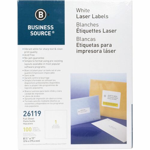 Label, IJ/LSR, 8.5x11, White 100/PK