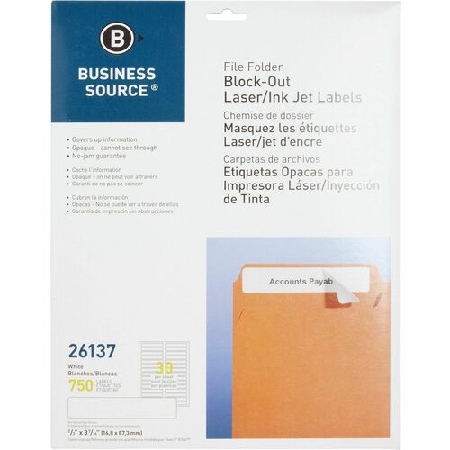 File Folder Labels, Block-Out, Laser/Inkjet, 2/3" x 3-7/16", White 750/PK