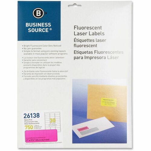 Laser Labels, Fluorescent, 1" x 2-5/8", Neon Pink 750/PK