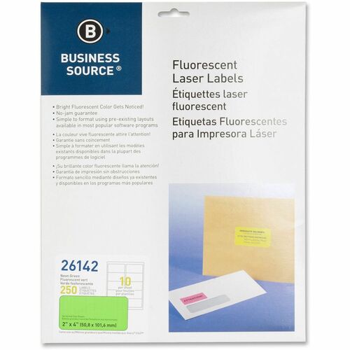 Laser Labels, Fluorescent, 2" x 4", Neon Green 250/PK
