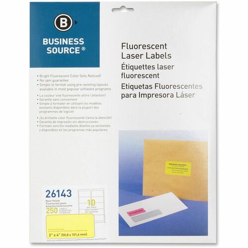 Laser Labels, Fluorescent, 2" x 4", Neon Yellow 250/PK