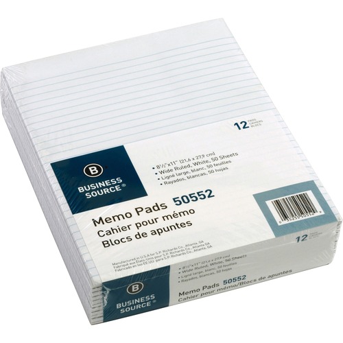Pad, Memo, 8.5x11, Wide Ruled, White 12/DZ