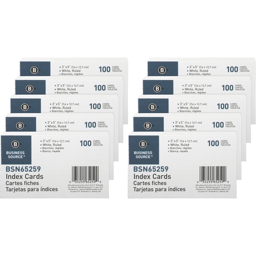 Index Cards, Ruled, 72 lb., 3" x 5", White, 100/PK Per Box 10/BX
