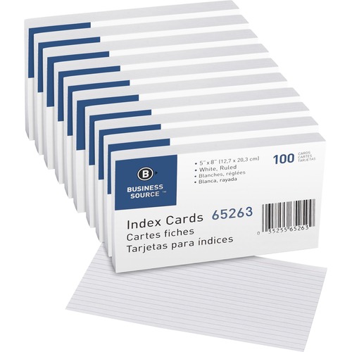 Index Cards, Ruled, 72 lb., 5" x 8", White, 100/PK Per Box 5/BX