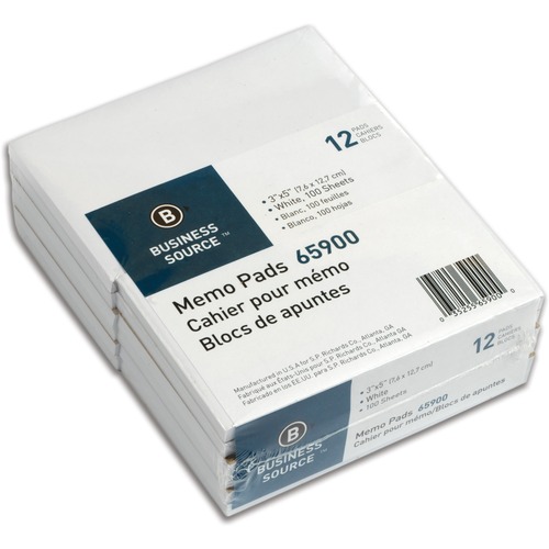 Memo Pads, Unruled, 15 lb., 3" x 5", 100 Sheets, White 12/PK