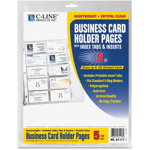 Business Card Refills, With Tabs, 100 Card Capacity, 11" x 8-1/2", Clear 5/PK