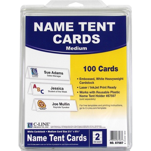 Name Tents w/Holders, Inkjet/Laser, 8-1/2" x 11", White 100/BX