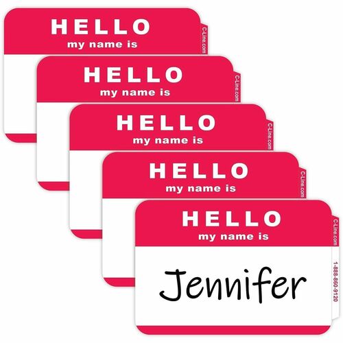 Name Badges, "Hello My Name Is", 3-1/2" x 2-1/4", Red/White 100/BX
