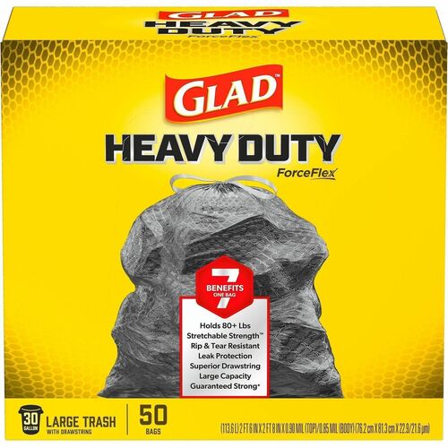 Trash Bags, Drawstring, 30 Gallon, 0.90 Mil, Black 50/BX