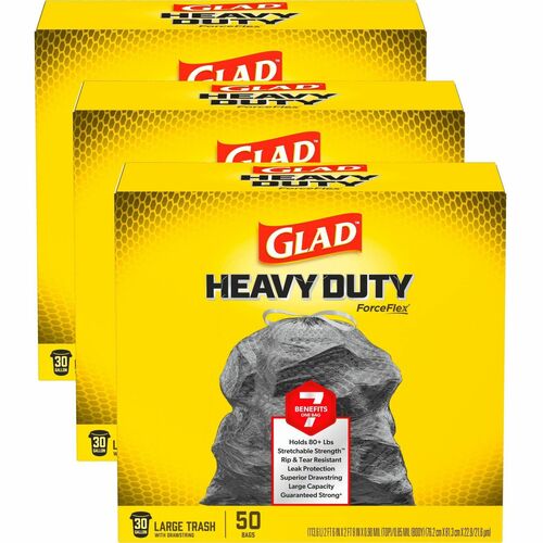 Trash Bags, Drawstring, 30 Gallon, 0.90 Mil, Black, 50 Bags 3/CT