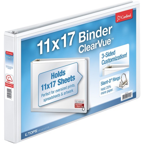 Clearvue D-Ring Binders, 11" x 17", 1" Capacity, White