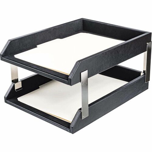 Letter Trays, Silver Posts, Double, 13-3/4" x 10-3/5" x 7-1/4", Black