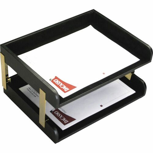 Letter Trays, Double, Gold Posts, 13-3/4"x10-1/2"x7-1/4", Black