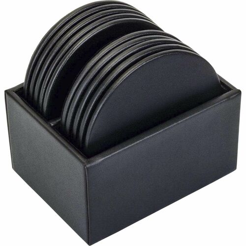Coaster Set, 10 Round, Leatherette, 4-3/5"x4-3/5"x3-1/2", Black