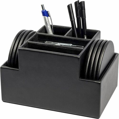 Coaster Set, 8 Rd, Leatherette, 6-4/5"x4-4/5"x4-2/5", Black