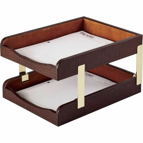 Letter Tray, Crocodile, Double, 13-3/5" x 10-3/5" x 7-1/4", Brown