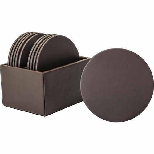 Coaster Set, 10 Round, Leatherette, 4-3/5" x 4-3/5" x 3-1/2", Brown