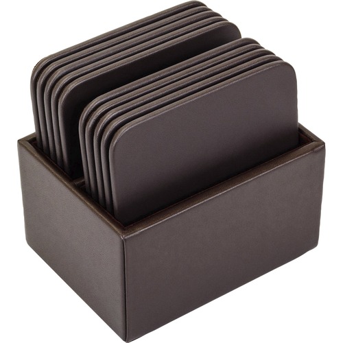 Coaster Set, 10 Square, Leather, 4-3/5"x4-3/5"x3-1/2", Brown