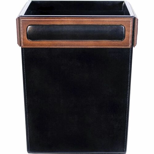 Waste Basket, Walnut/Leather, 14 Quart, 9-1/2"x9-1/2"x12", Brown/Black