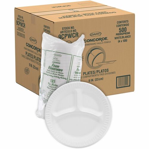 Plate, Foam, 3 Compartment, White, 9", 125/Pk 4/CT