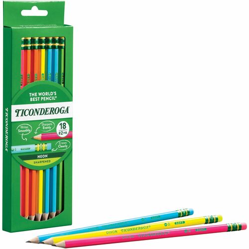 Pencils, No.2, Woodcase, 5 Colors, 9/32" Dia, Neon AST 18/BX