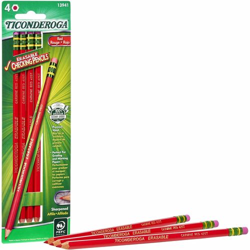 Pencils, Erasable, With Eraser, Carmine Red Lead/Barrel 4/PK
