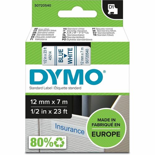 Label Tape, For DYMO Labelmakers, 1/2" x 23 Foot, Blue/White