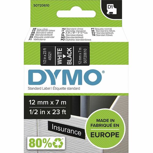 Label Tape, For DYMO Labelmakers, 1/2" x 23', White/Black