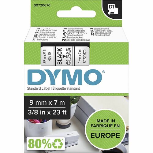 Label Tape, For DYMO Labelmakers, 3/8" x 23 Foot, Black/Clear