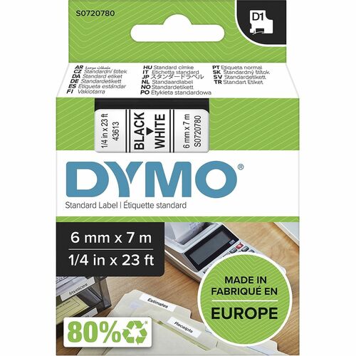 Label Tape, For DYMO Labelmakers, 1/4" x 23', Black/White