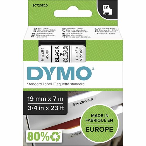 Label Tape, For DYMO Labelmakers, 3/4" x 23', Black/Clear