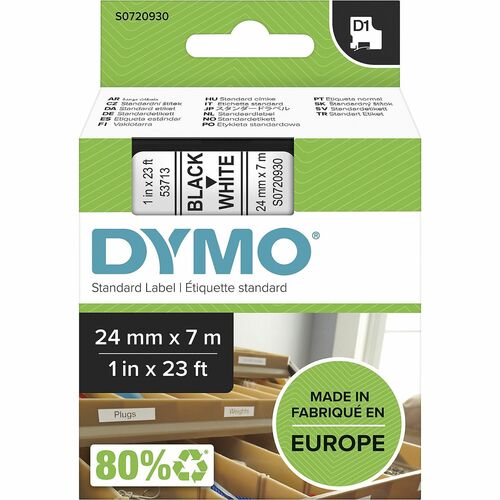 Label Tape, For DYMO Labelmakers, 1" x 23', Black/White