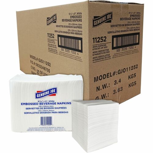 Beverage Napkins, Quad Fold, 9-1/2" x 9-1/2", Wet Embossed, 500 Sheet 8/CT