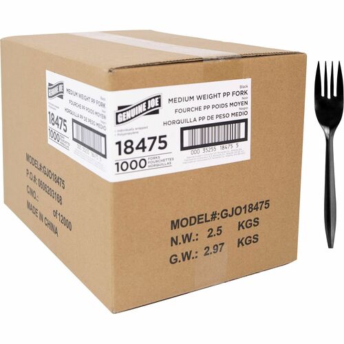 Forks, Medium-Weight Polypropylene, Wrapped, Black 1000/CT