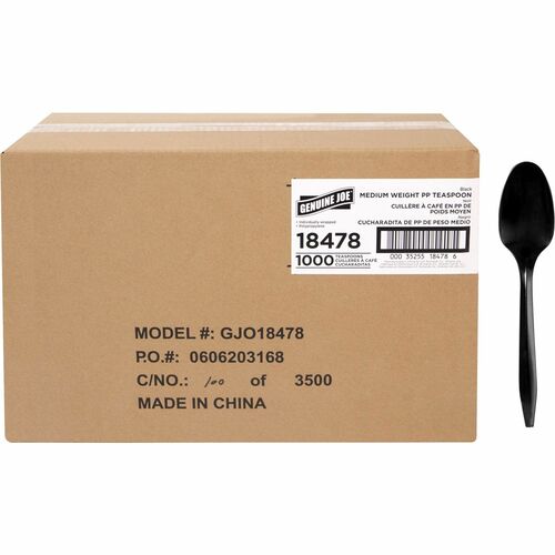 Teaspoons, Medium-Weight Polypropylene, Wrapped, Black 1000/CT