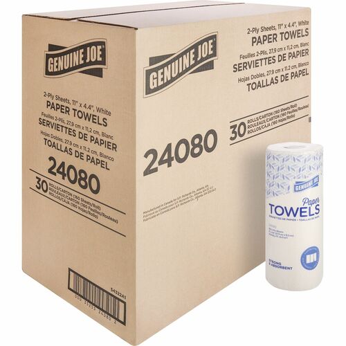 Towel Roll, Paper, 2-Ply, 160 Sheets/Roll, 11" x 4.4", White, 160 Sheets 30/CT