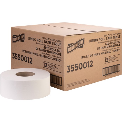 Bath Tissue Roll, Jumbo, 2-Ply, 3.3" x 500', 8.88" Dia, We 12/CT