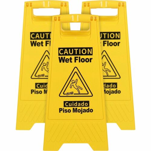 Sign, Wet Floor, With Graphic, English/Spanish, 3-Bolt, Yellow/Black, 6 Count 3/BD