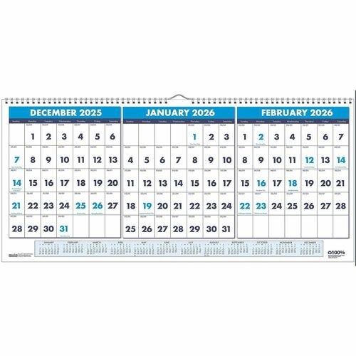 Calendar, Wall, 3-Month, Horizontal
