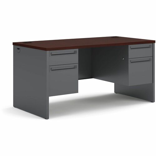 Double Pedestal Desk, 60" x 30" x 29-1/2", Mahogany/Charcoal