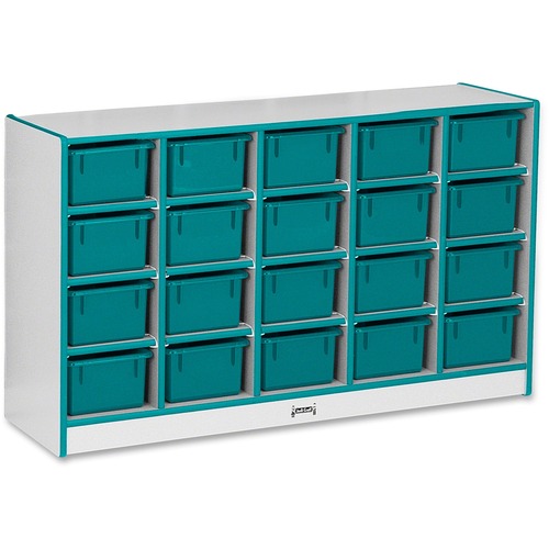 Cubbie Storage Unit, W/20 Bins, 29.5" x 48" x 15", Teal Edge/Trays