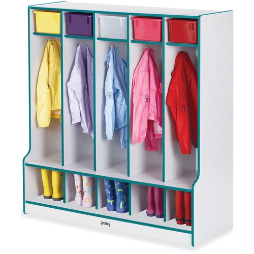 Coat Locker, 5 Section, Step, 50-1/2"x48"x17-1/2", Gray/Teal Edge