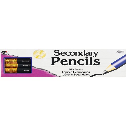 Secondary Pencils with Erasers, Black, 12 12/BX