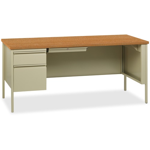 Desk, Left-Pedestal, Steel, 66" x 30" x 29-1/2", Oak/Putty