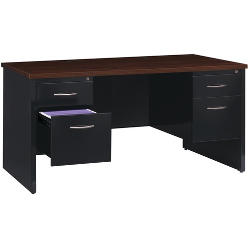 Double Pedestal Desk, 30" x 60", Black/Walnut